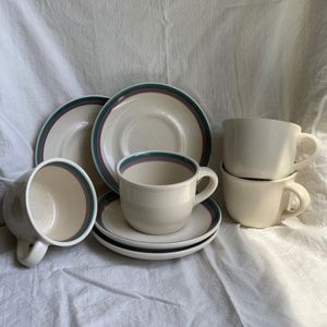 Blue and purple striped tea set